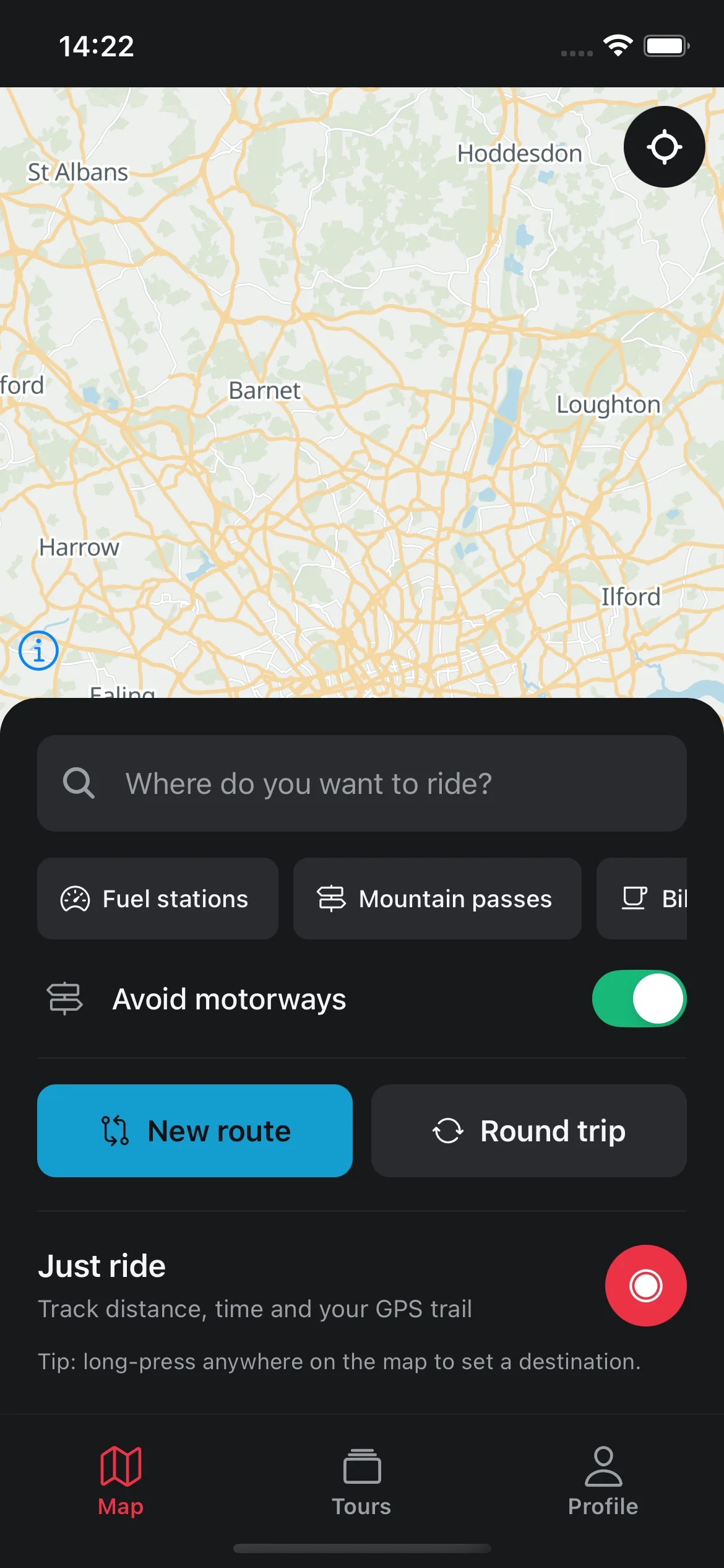 The Bendbound map with New route, Round trip and Just ride controls